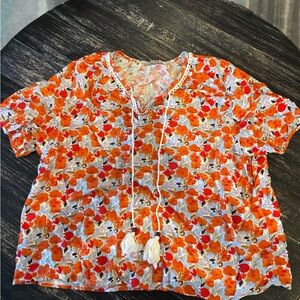 ViVi Floral Print Blouse in Red, Orange, Light Blue